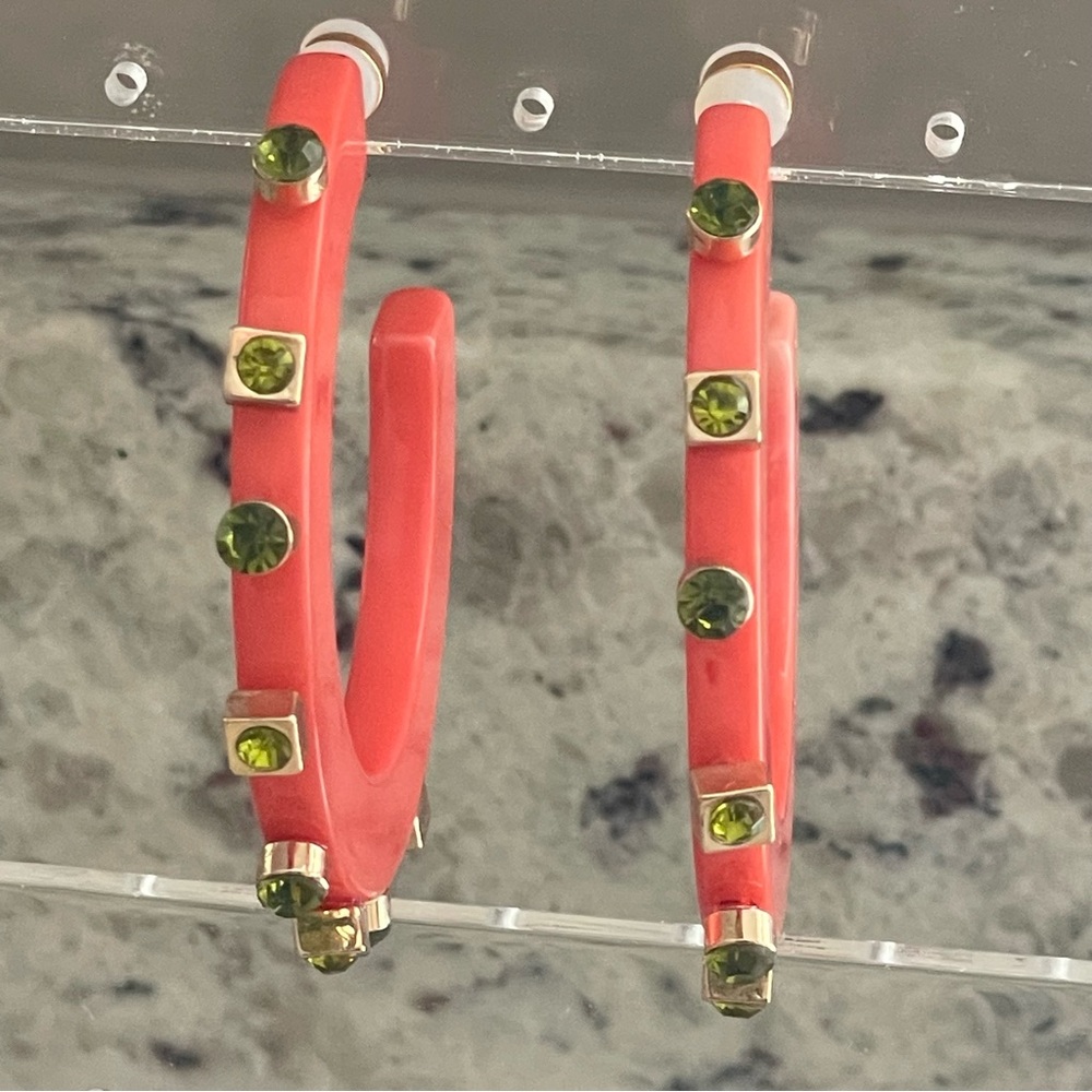 Smith & Co City Girl Large Hoop Earrings Lemonade Coral with Green Jewels